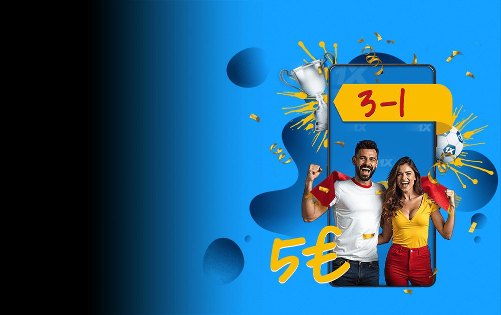 Celebrating sports fans on a mobile phone screen showing a 1xBet welcome promotion