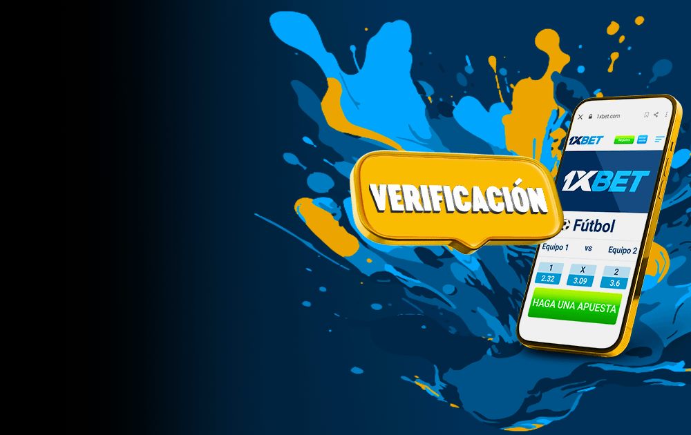 Verification badge next to a phone showing the 1xBet betting app, representing identity checks before withdrawal