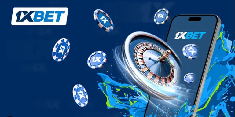 Roulette wheel next to a smartphone displaying the 1xBet casino app